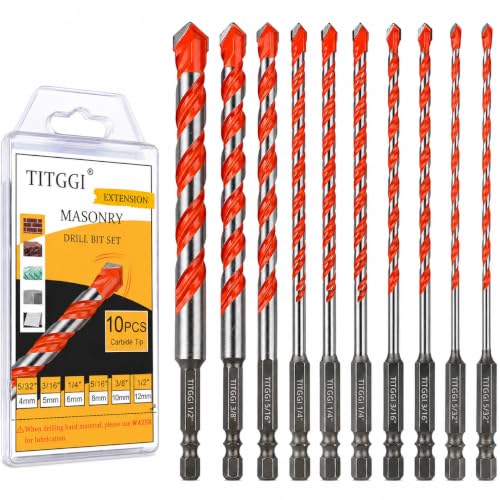 10Pcs Extended Masonry &amp; Concrete Drill Bit Set, Wide-Tip, 5/32"-1/2"
