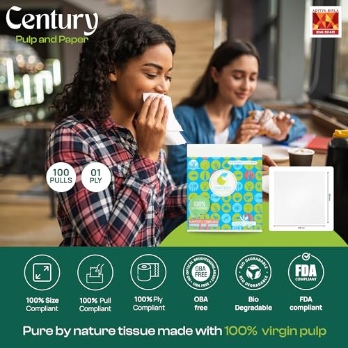 Image of Century 1 Ply 100% Virgin Pulp Tissue Paper Napkins| Highly Absorbent & Chemical Free Serving Napkins 100 Pulls- 23x23 cm (Pack of 6)