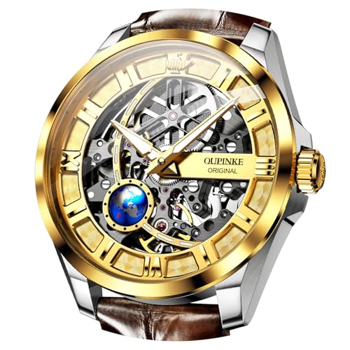 Image of OUPINKE Skeleton Mens Automatic Watches Mechanical Luxury Dress Leather Self Winding Waterproof 50M/5ATM Luminous Watches for Men