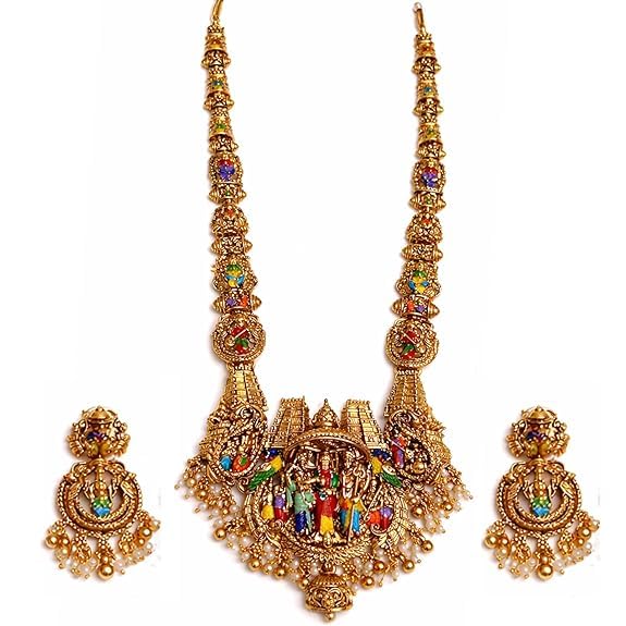 Traditional South Indian Temple Jewellery Haram Set for Women | Premium Antique Gold Plated Long Bridal Necklace with Srinivasa Kalyanam Balaji Pendant, Peacock Design, Multicolor Stones & Pearl Earrings