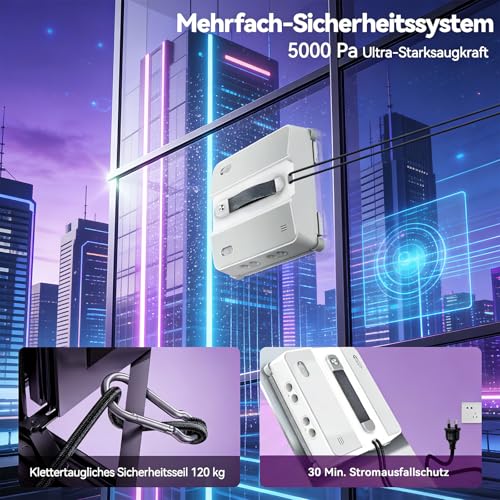 W54D Fensterputzroboter, Elektrischer Fensterroboter mit Doppelwalzenbürste, 8 Düsen, Intelligente Navigation, Verbessert Für alle Fenster, 5000pa, 3 Reinigungsmodi für eine Effektive Glaspflege