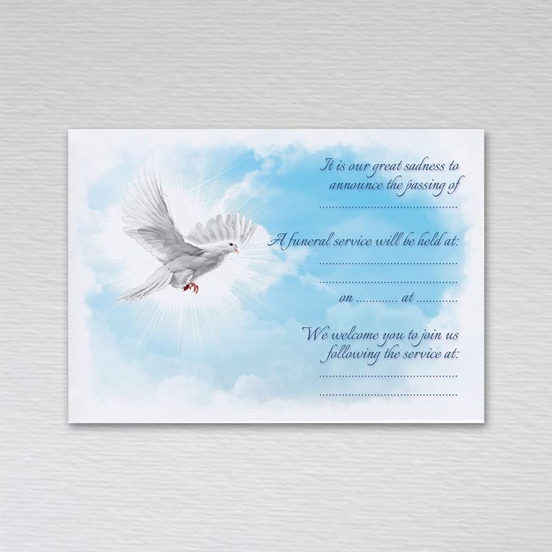 Pack of 20 Funeral Invitations Announcement Cards without Envelopes - A6 Non-folded Dove Design