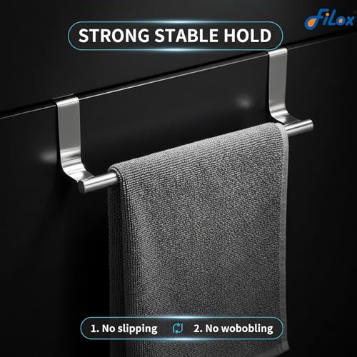 Image of Filox Stainless Steel Over Cabinet Towel Holder | No-Drill Door Hanging Rack for Kitchen & Bathroom | Adjustable Bar for Cupboard, Drawer & Wardrobe Storage | Space-Saving Organizer