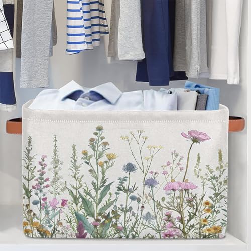 Image of Wildflowers Plants Storage Baskets for Organizing, Fabric Collapsible Storage Bins Box Spring Esthetical Decorative Toy Organizer Baskets for Closet Shelves Gift Basket 2Pcs