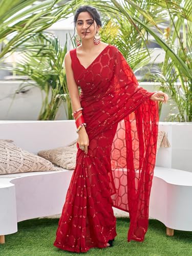 Image of Satrani Women's Georgette Sequence Work Saree with Unstitched Blouse Piece