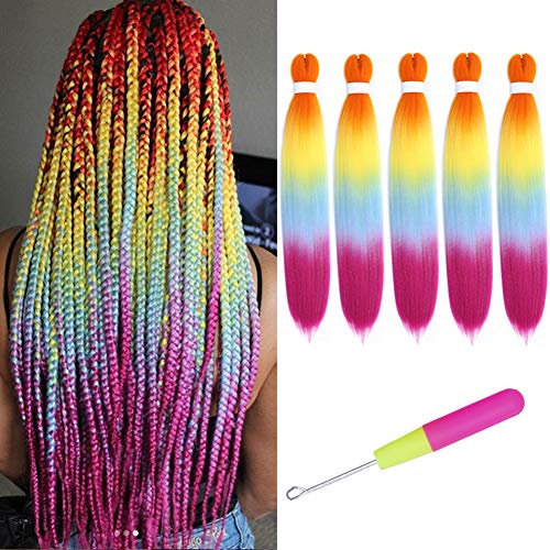 Yunhuan Pre-Stretched Braiding Hair for Afro Women Professional Synthetic Fiber Crochet Hair Braids Yaki Texture Synthetic Hair Braids 24 Inch, 5 Packs/Lot (Rainbow Color)