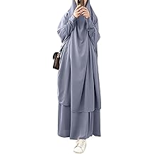 Womens Muslim Abaya Solid 2 Piece Prayer Dress Islamic Maxi Kaftan with Hijab Dubai Full Length Dress