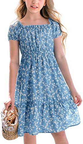 Poploli Girls Summer Dress Kids Floral Square Neck Puff Sleeve A-Line Midi Dresses Lake Blue