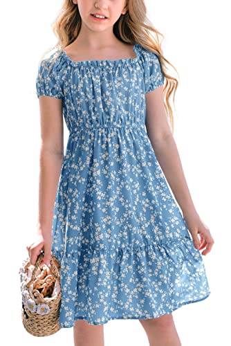 Poploli Girls Summer Dress Kids Floral Square Neck Puff Sleeve A-Line Midi Dresses Lake Blue #TOP2