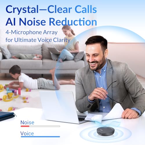 Image of FreeChat Speakerphone, Conference Speaker with 4 Mics, 360 Enhanced Voice Pickup | AI Noise Reduction, AI Echo Cancellation, Auto Volume Balance, Plug & Daisy Chain, Full-Duplex Calling