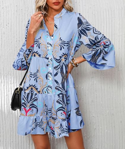 Image of Opemiby Summer Dresses for Women 2026 Flowy Ruffle 3 /4 Sleeve V Neck Tiered Casual Babydoll Boho Beach Mini Dress