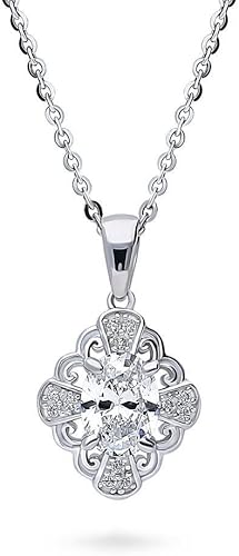 BERRICLE Collar con colgante de plata de ley con circonita cúbica de corte ovalado para mujer, chapado en rodio, Plata esterlina, Circonia cúbica