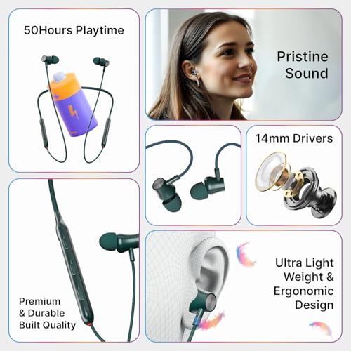 Image of pTron Tangent Evolve w / 50Hrs Playtime, HD Mic, Pristine Sound, 14mm Drivers, Bluetooth V5.3 w /Dual-Device Pairing Wireless Neckband, Magnetic Buds, Voice Assistant,Type-C Fast Charging & IPX4(Green)