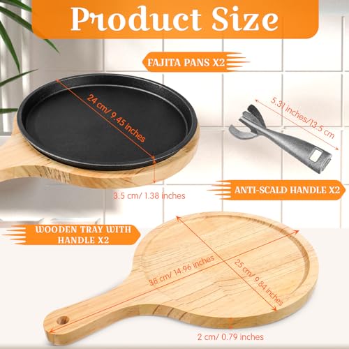 Mimorou 2 Sets Cast Iron Fajita Plate Set 9.45'' Fajita Plate Pan with Wooden Tray Anti Scald Protection Handle Cast Iron Skillet Set for Restaurant Home BBQ Party Restaurant - Image 3