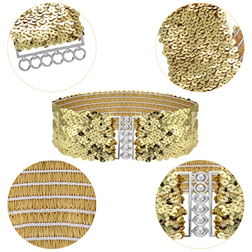 Grevosea 3 Pieces Sequin Belt Dress Belts for Women, Gold Wide Waist Belt Elastic Stretch Waistband Cinch Belt Metal Buckle for 70s 80s Costume Party Disco Party Women Girls (Gold Silver Black)2