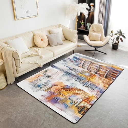 Tapis Décoratif Big Ben 100x150,Tapis Tour Eiffel À L'Encre,Architecture Urbaine Romantique Tapis Salon,Art Déco Vintage Tapis D'Appoint pour Les Couples...