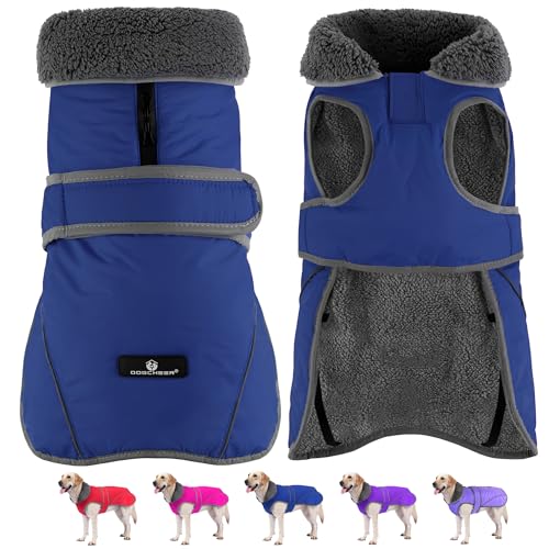 Image of Dogcheer Dog Coat, Waterproof Dog Jacket Reflective Pet Winter Coat with Adjustable Hook & Loop, Christmas Puppy Fleece Jacket Warm Turtleneck Snowsuit for Small Medium Large Dogs - Blue, 2XL