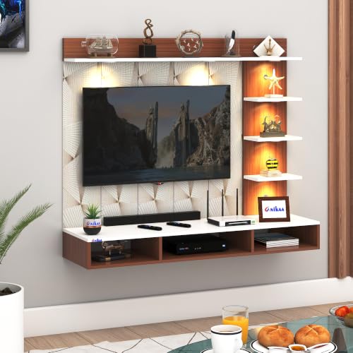 Image of Anikaa Tyron Engineered Wood Wall-Mount TV Unit with PVC Back Panel & LED Lights | TV Cabinet with Storage Box & Decorative Shelves (Walnut /White) | Ideal for TVs up to 43 Inch | DIY Installation