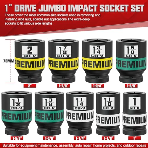 Image of 1 inch Drive Jumbo Impact Socket Set, SAE Axle Nut Sockets, 9-Piece (1-2 in.) Drive Deep Impact Socket Set, 6-Point, Cr-V Steel, Universal Hex Deep Socket Set with heavy Duty Storage Case