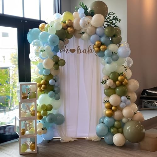 Image of Dusty Blue Green Balloons, 60 Pcs 12 Inch Haze Fog Blue Sage Green Balloons with Sand White Metallic Gold Balloon for Boho Baby Shower Wedding Birthday Engagement Bridal Shower Party Decoration