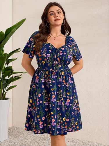 Image of RWJ Women Plus Size Summer Dress Short Sleeve Tie Front Sweetheart Neck Casual Mini Wedding Guest Dresses 2025