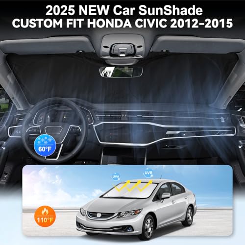 Custom Fit Civic Windshield Sunshade for 2012 2013 2014 2015 Honda Civic Accessories Front Window Shades Cover for Windshield Sun Visor Screen Protector 210T Reflective Blocks UV Rays Heat Keep Cool