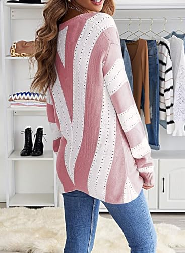 Image of FEKOAFE Womens 2026 Deep V Neck Sweaters Striped Long Sleeve Knit Pullover Sweaters for Women