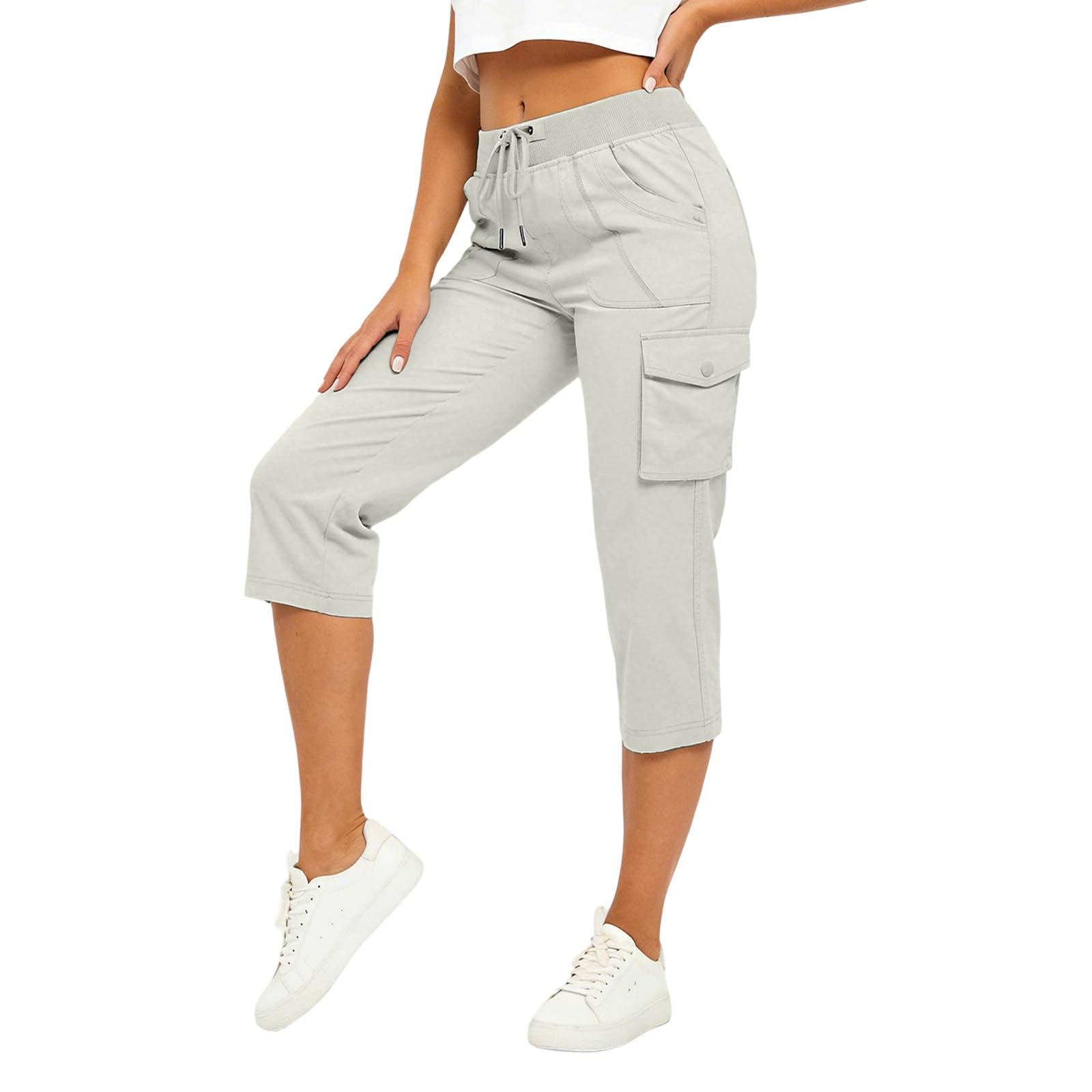 Pantaloni in Lino Donna Pantaloni Capri Cargo da Donna con Tasche, Vita Semi Elasticizzata, Sportivi con Bottoni, Leggeri da Trekking. Lino Estivo