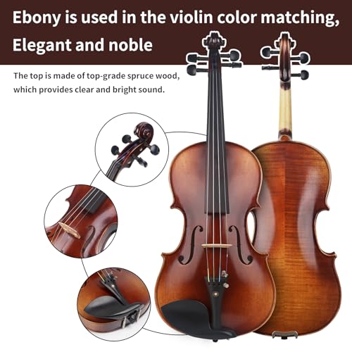 Image of AKLOT Violin Outfit 4 /4 Full Size, Spruce Violin and Ebony Fittings for Professional, Handmade Fiddle with Bow, Rosin, Backpack Strap, Carrying Case