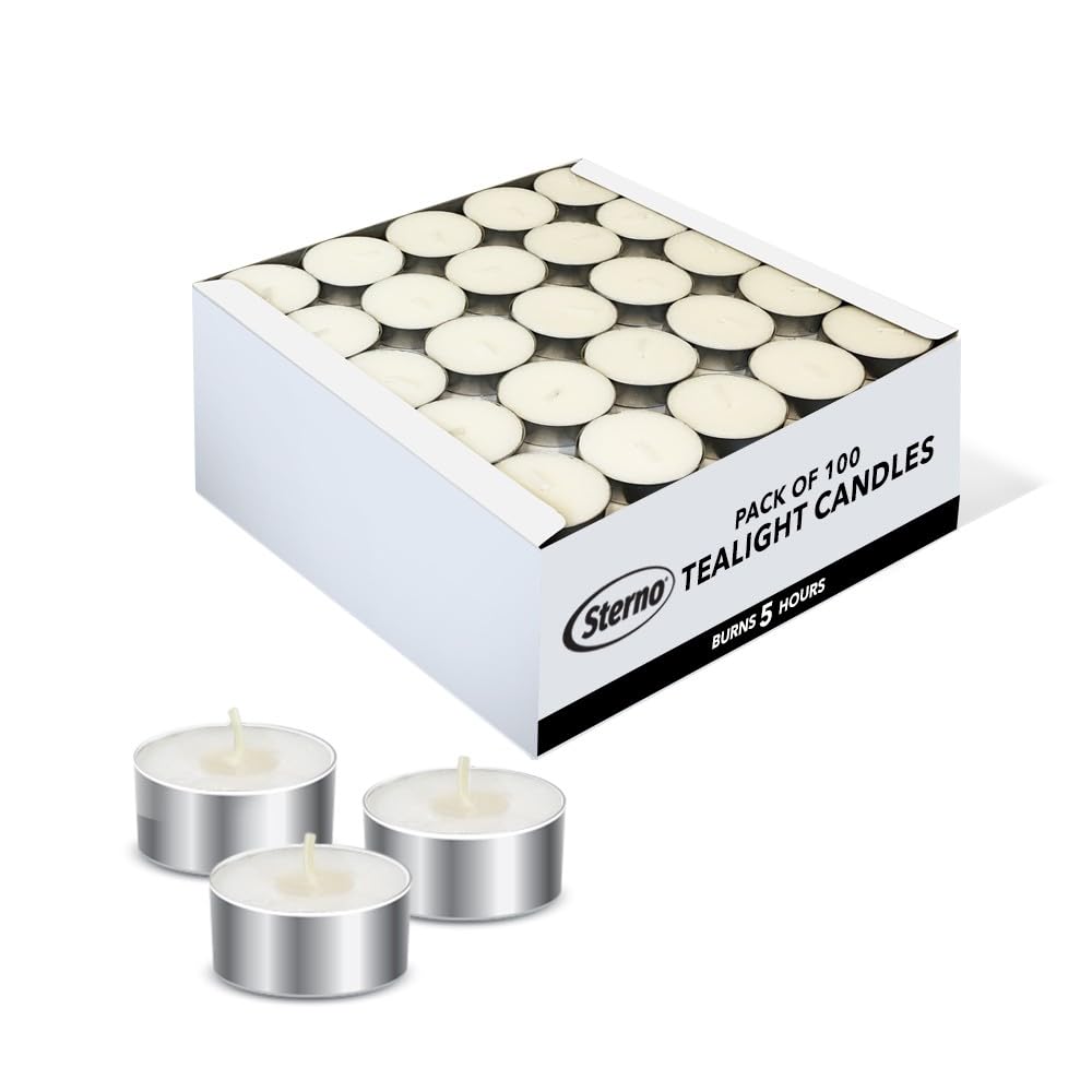Sterno 100-Pack Tea Lights Candles Bulk Pack - Long Lasting Tealight, Burns Up to 5 Hours - Unscented White Candles for Indoors or Outdoors - Use as Party Decor or Centerpiece Table Decorations