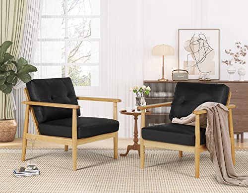 Tyboatle Mid-Century Modern Upholstered Armchairs Set Of 2, Retro Ivory Wooden Lounge Sofa Chairs, Pillow Back Lounge Accent Chair For Living Room, Office, Bedroom, Belcony, Studio (Black) #TOP1