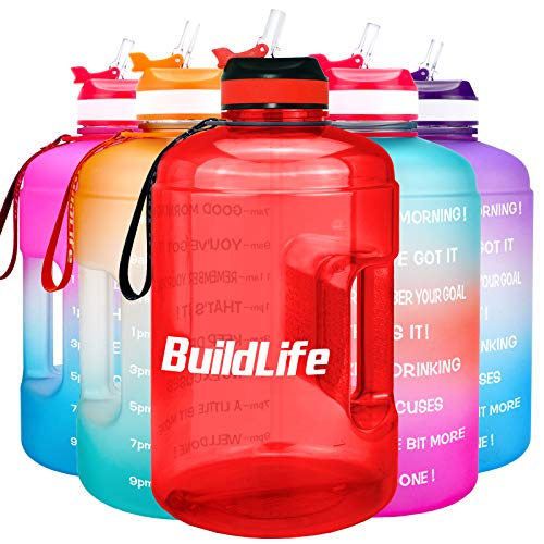 BuildLife Gallon Water Bottle with Straw - 128oz Large Water Bottles with Times to Drink More Daily - BPA Free Motivational Water Bottle (Red, 1 Gallon)