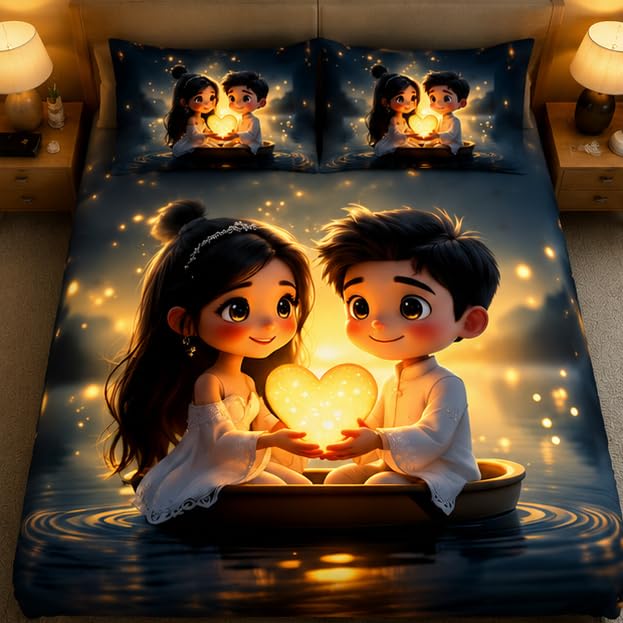 Image of 7D Digital Printed King Size Bedsheet with 2 Pillow Covers | Romantic Couple Love Theme | Premium Soft Microfiber Bedding Set | Ultra HD Designer Bedsheet