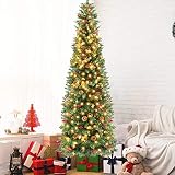 OurWarm 7.5ft Prelit Pencil Christmas Tree, Hinged Fir Artificial Slim Christmas Tree with 350 LED L