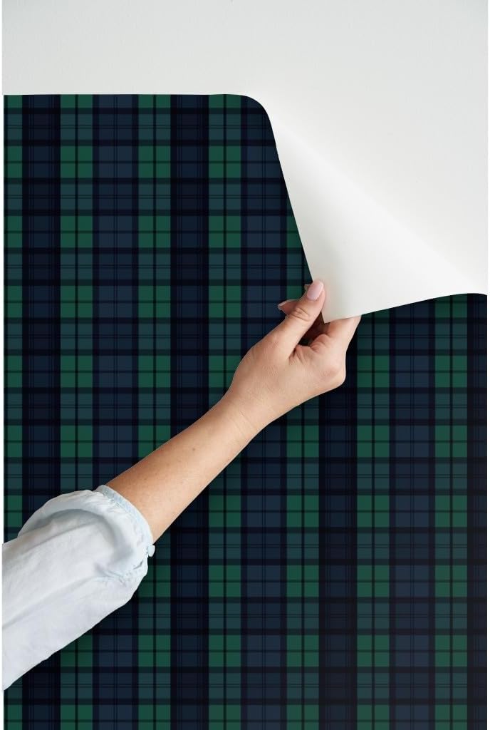 Spoonflower Peel & Stick Wallpaper 3ft x 2ft - Dark Green Plaid Navy Winter Tartan Custom Removable Wallpaper