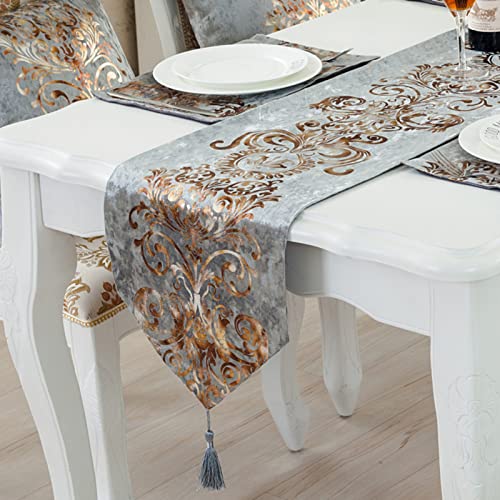 51buyoutgo Grey Table Runner, Silver Grey Dining Coffee Table Runners UK for Centre Table, Gold Pattern Table Runner Tablerunner for Coffee Dining Table Decoration Decor 32 X 210 CM