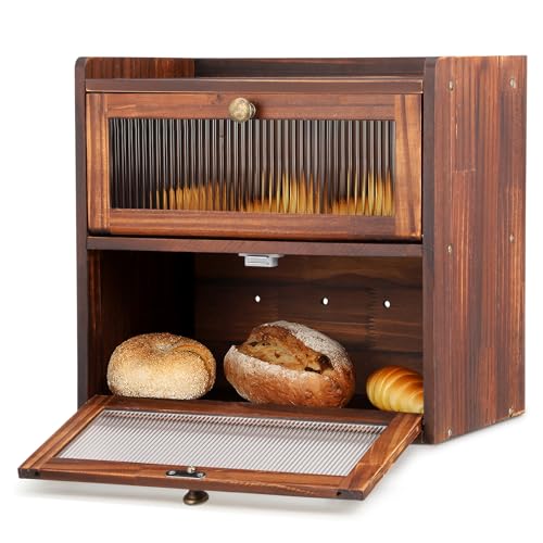 Panera de madera, 2 niveles con ventana transparente magnética, caja de pan, gran contenedor de almacenamiento de pan, panera para almacenar alimentos (B)
