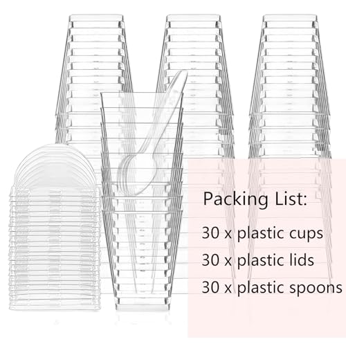 Legredic 30Pack 5oz Plastic Dessert Cups with Lids and Spoons, Square Clear Parfait Appetizer Cups, Mini Reusable Shooter Serving Cups, Party Dessert Shot Glasses for Tasting