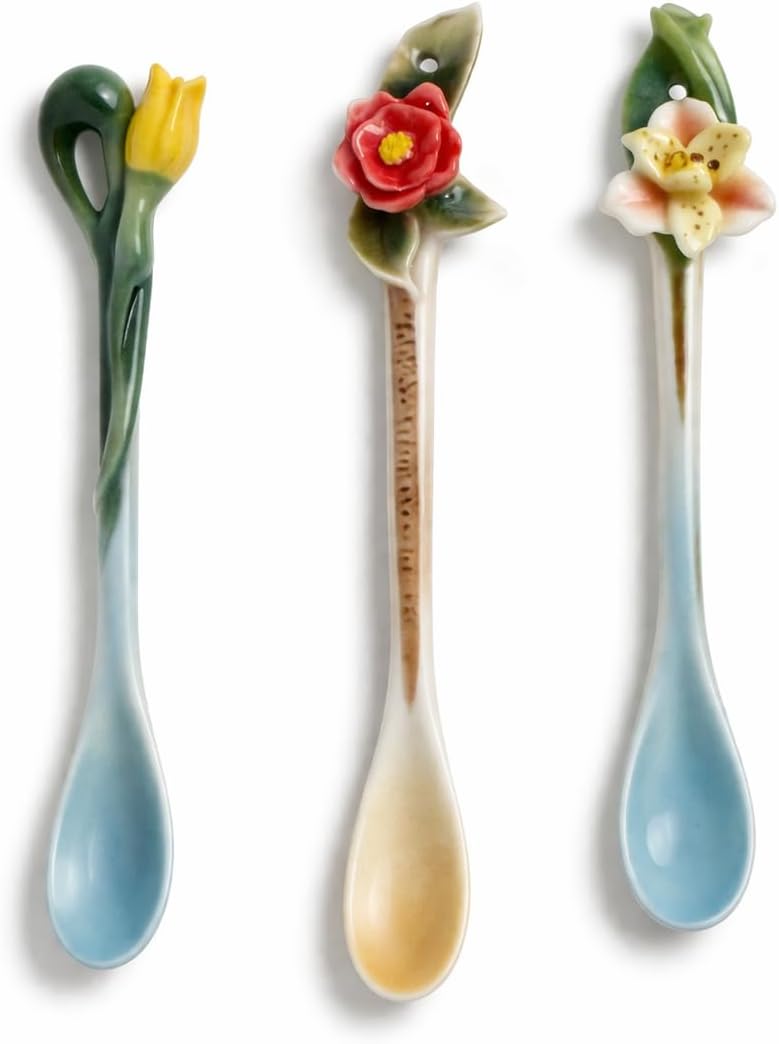 Two's company Ceramic Garden Party Hand-Painted Porcelain Spoons Set of 3 – 6” Floral Tea & Coffee Spoons – Decorative Dessert & Stirring Spoons Gift Set