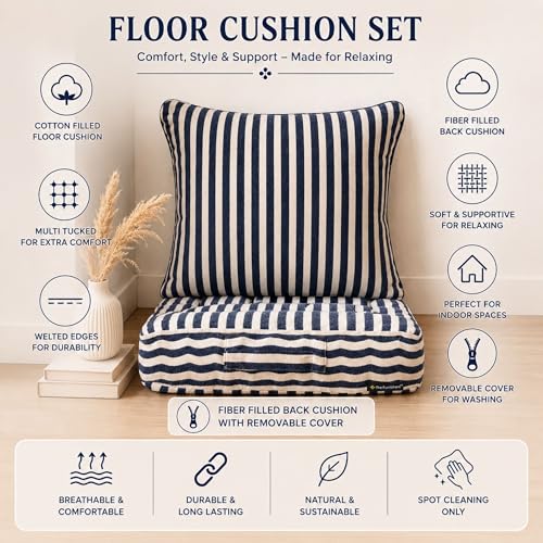 Image of Woven Quilted Floor Cushion Set 60x60x10 CM Navy Blue Stripe with Fillers & Back Cushion, Large Size for Seating, Patio Seat, Meditation, Yoga, Pooja, Guests, Living 24x24x4 Inch