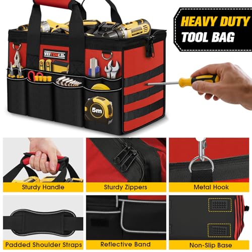 16-Inch Heavy Duty Tool Bag, 19-Pockets Tool Box Organizer, Portable Toolbag W/Soft Handle for Organized Storage, Mechanic Gifts for Men Dad Husband Fathers Day, Wide Mouth Electrician Toolbox, Red by Veitorld - Image 5