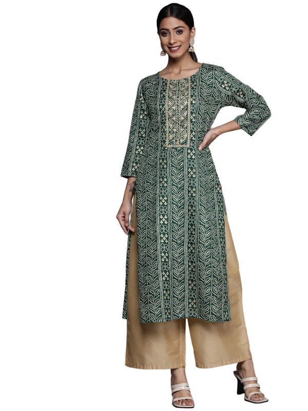Kurta brodée bleu marine et vert Varanga en taille S pour femme