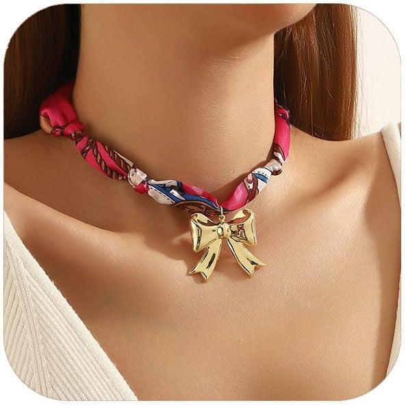 Scarf Pendant Necklace for Women Bandana Necklace Heart Bow Pearl Pendant Necklaces Trendy Jewlery