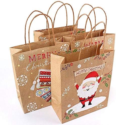 Surenhap Gift Bags, Paper Carrier Bags Christmas Design Christmas Bags with Handle Brown Kraft Paper for Gifts Party Bags Sweets (Random Style), Braun-papier, M : 32 * 26 * 12cm