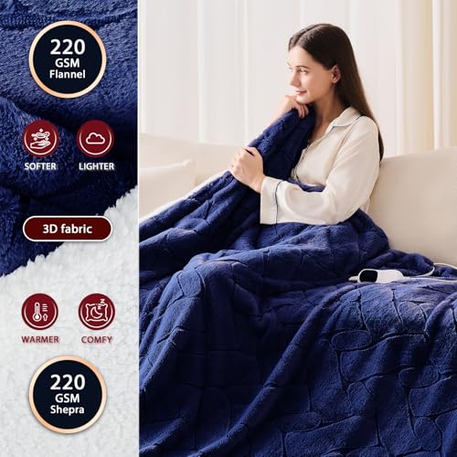 Heated Electric Blanket- Electric Throw Blanket 100"x90" for Bed- 5 Heating Levels& 4 Hours Auto Off for Home Office - Soft Faux Fur Fabric for Full Body(Navy Blue)