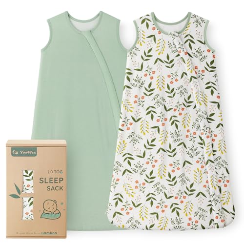 Yoofoss Rayon Made from Bamboo Baby Sleep Sack 6-12 Months TOG 0.5 Baby Wearable Blanket, Super Soft Infant Toddler Sleeping Sack 2-Way Zipper, Green&Flower