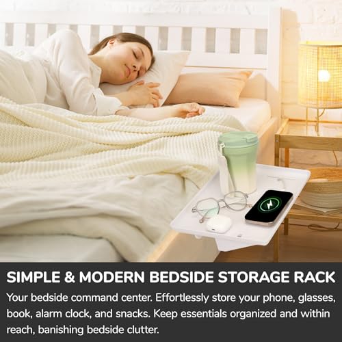 Bedside Shelf for Bunk Beds & Top Bunk, College Dorm Room Essentials & Kids Room - Clip On Dorm Nightstand with Cable Catch, Holds 35lbs, White