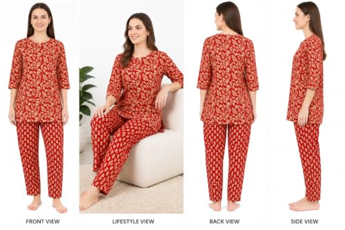 Image of Women's Cotton Night Suit Set, Printed Top and Pyjama, Casual Loungewear Sleepwear for Womens Girls