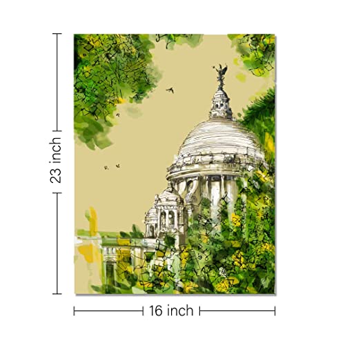 Image of RANGOLI 100% Cotton Stretched Canvas Painting 400 GSM, Framed Victoria Memorial Canvas Abstract Wall Art for Living Room, 3D Paintings for Wall Decor (16 x 23 Inch With Frame)