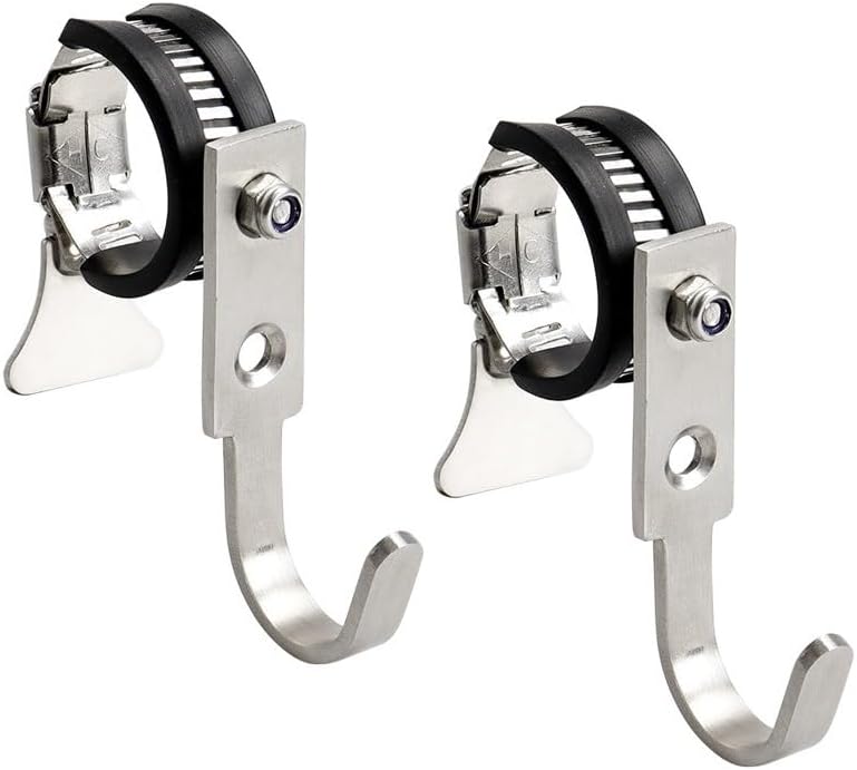 Shaped Hook Large Rotating Non-Falling Band Clamp Strong Fixation Kurin Belt Hook for Bicycle, Bag Hanger, Baby Stroller, Pipe, Bag, Hanger, Stainless Steel, 2-Piece Set